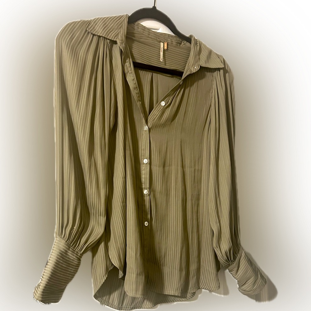 Free People Olive Striped Satin Button Down Shirt with Sleeve Button Detail | XS